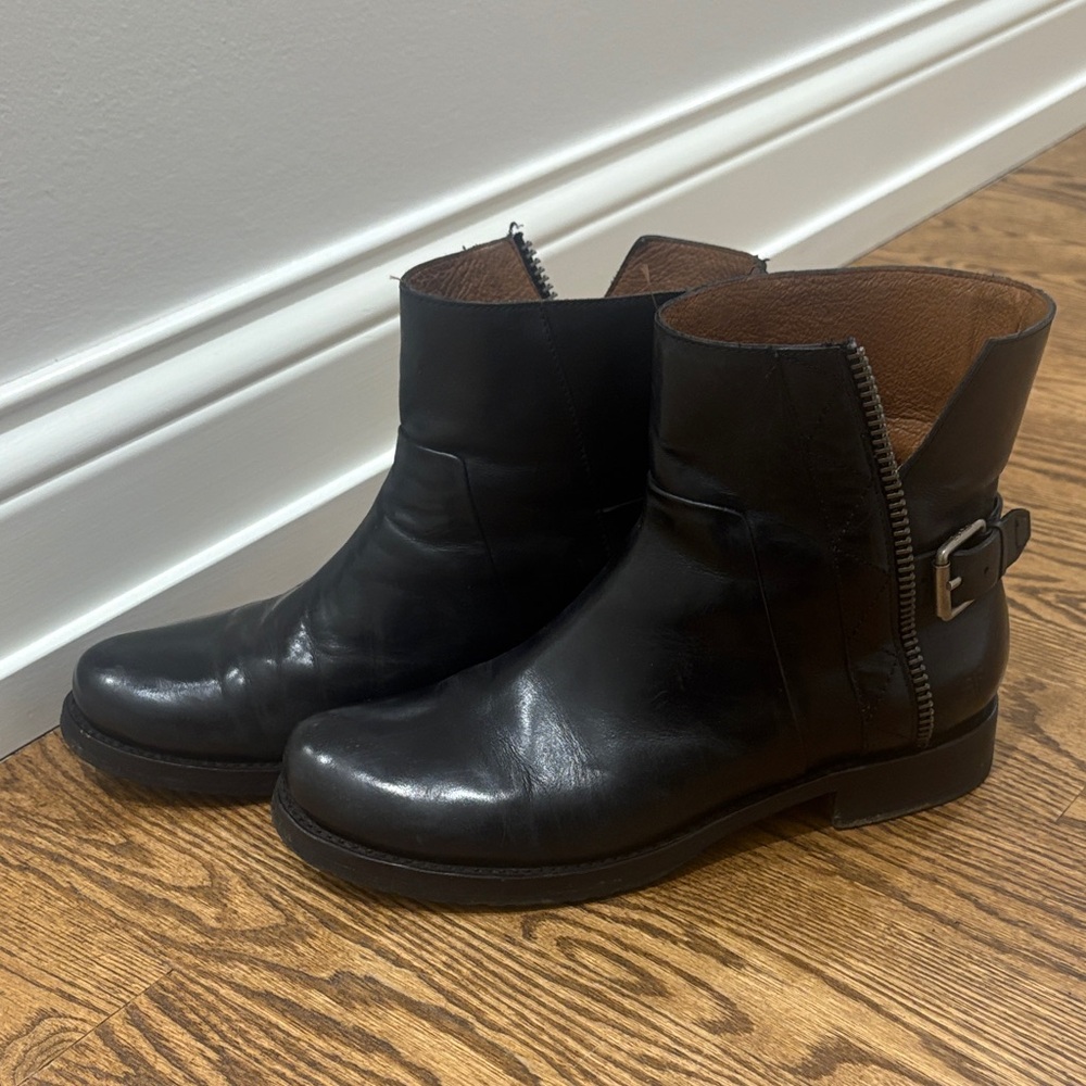 Frye Black Leather Ankle Boots with Buckle